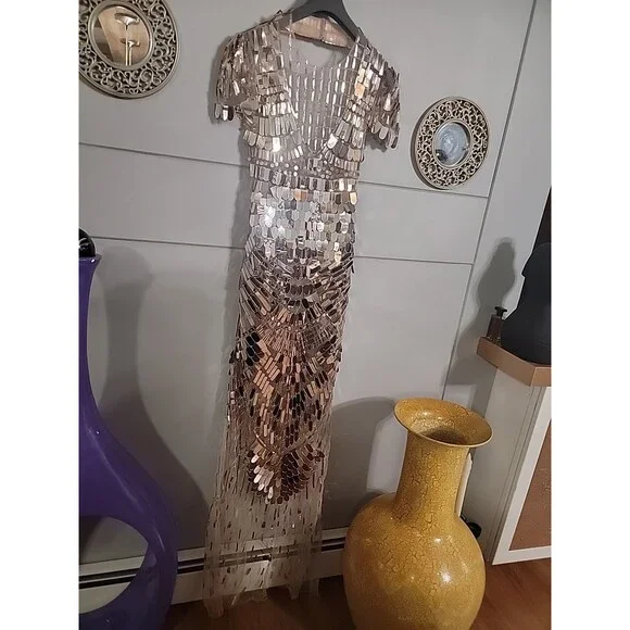 alberta ferretti gold dress Gold lurex draped long dress with open back main image 1